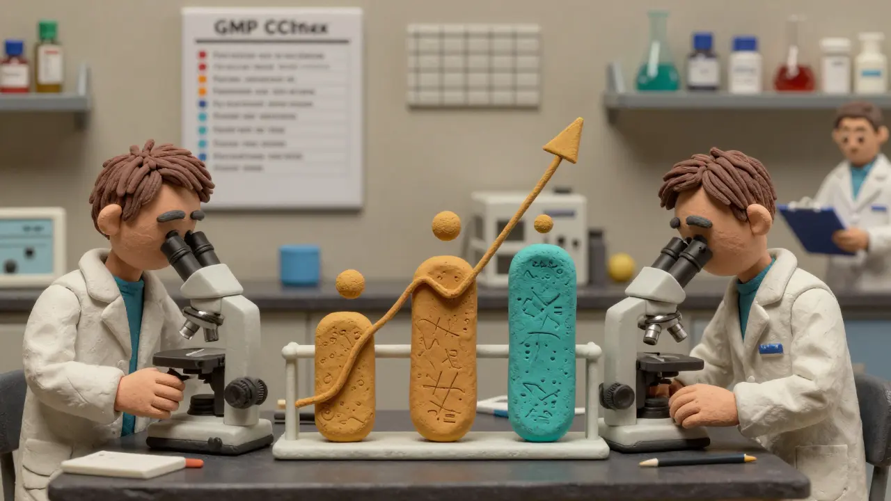 Scientists in lab studying blood samples and dissolving tablets with bioequivalence curves in clay style.