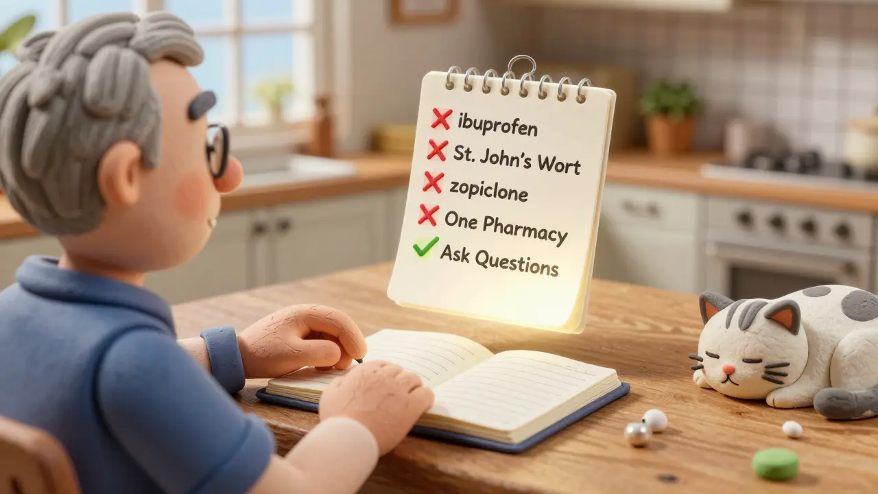 Senior updating a medication list at home with glowing safety checklist above.