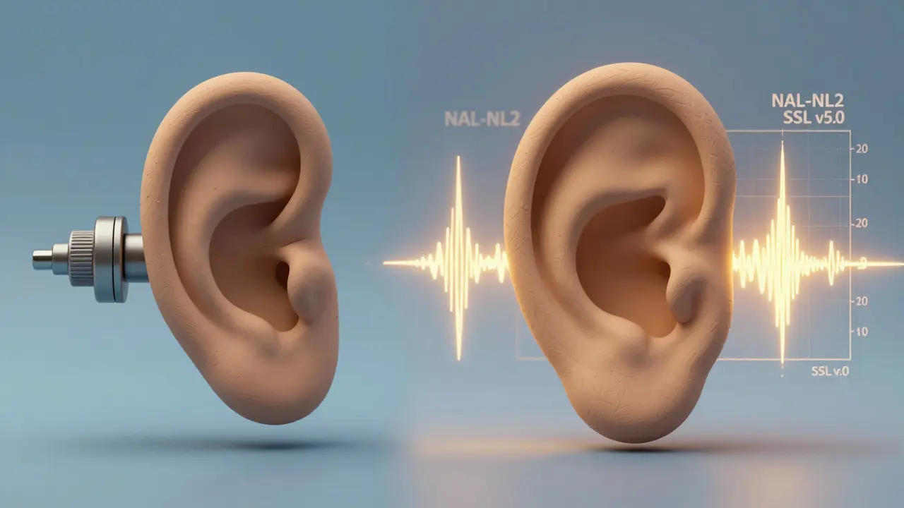 Side-by-side comparison of generic coupler test versus personalized real-ear measurement with sound graphs.