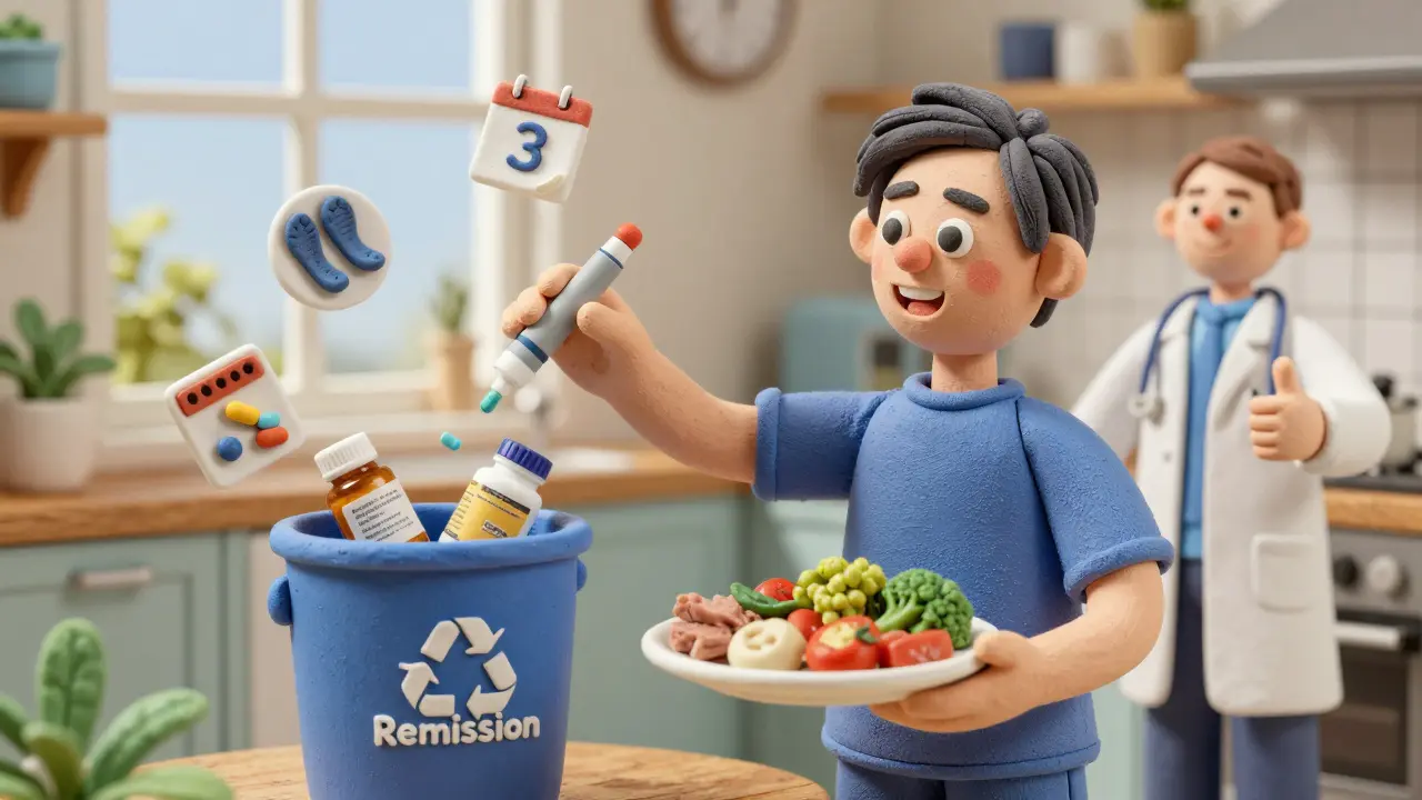 Someone discarding diabetes meds while eating healthy food, smiling with doctor nearby.