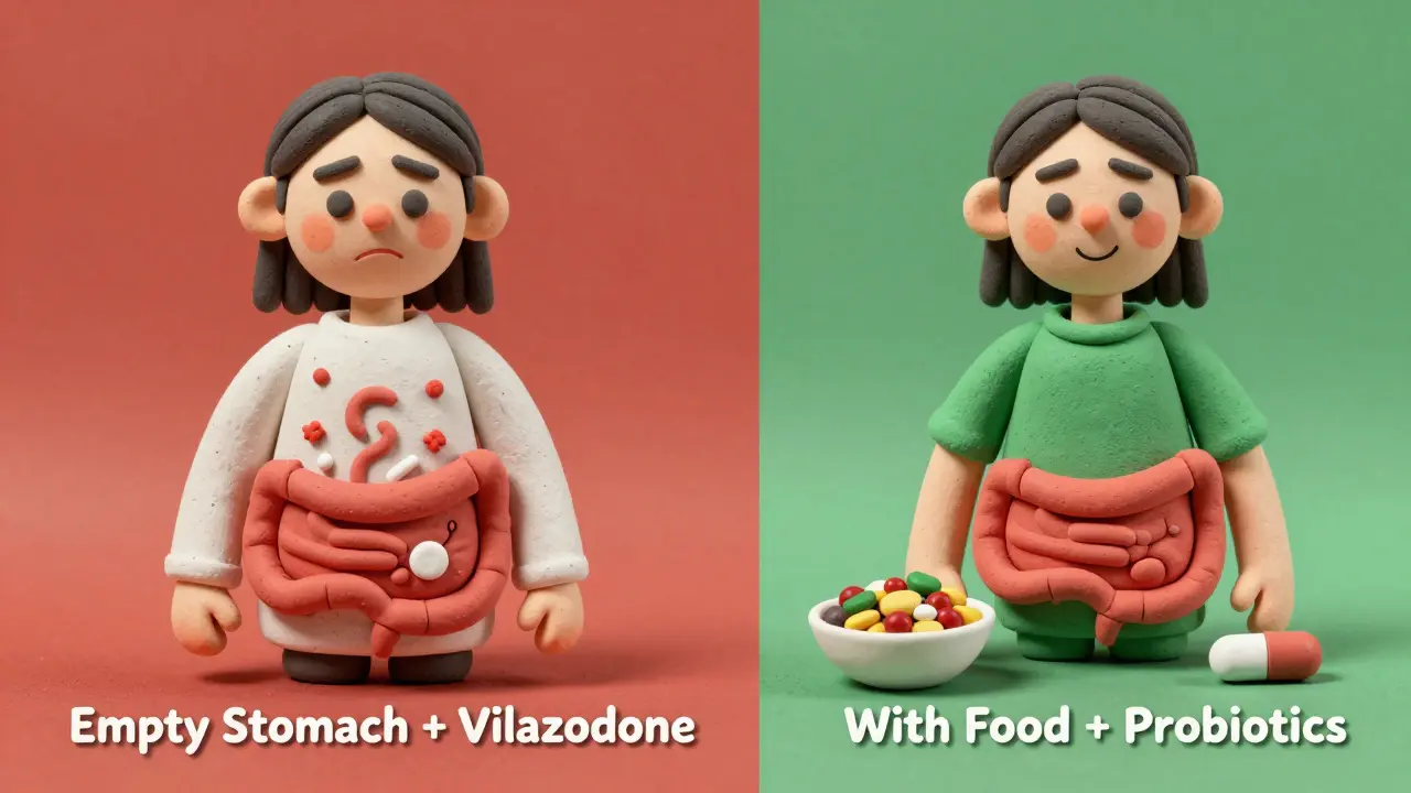 Split illustration comparing gut reactions to taking vilazodone with or without food