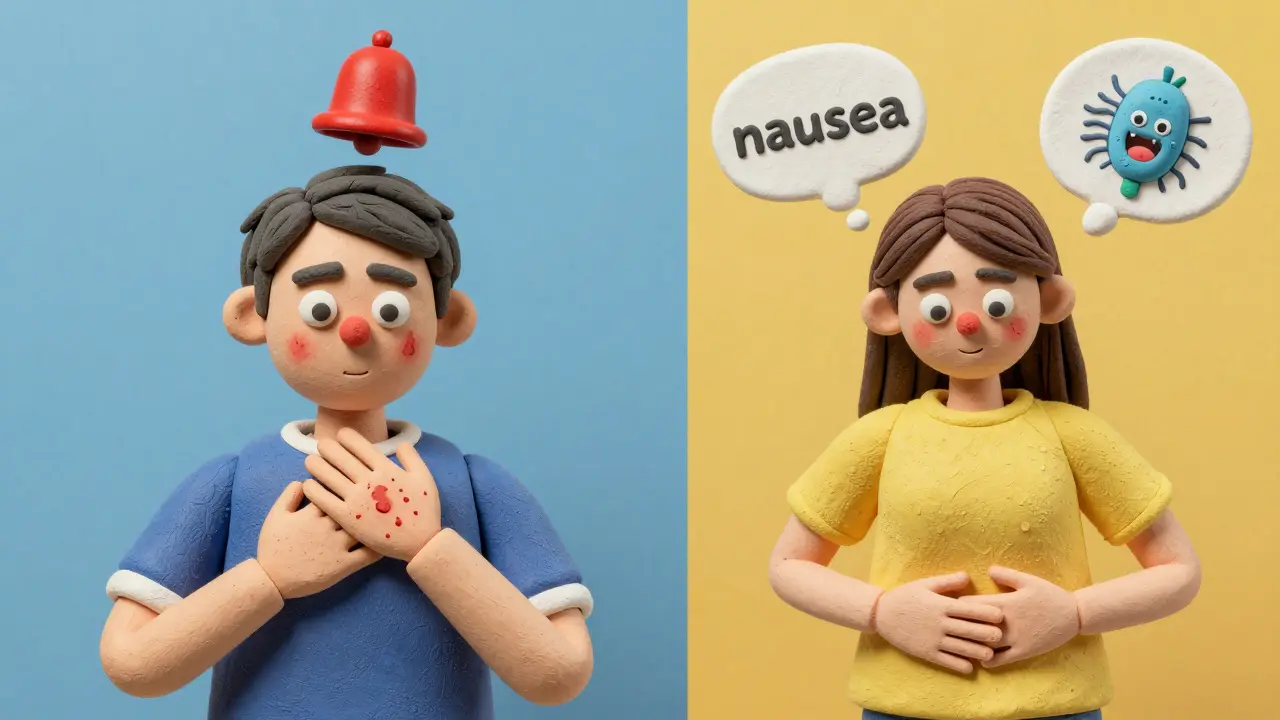 Split scene: one person having a severe allergic reaction, another experiencing mild nausea from a side effect.