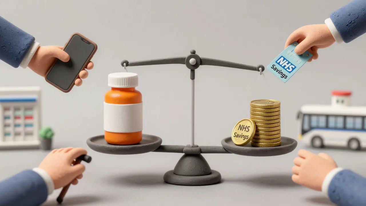 Symbolic scale balancing medicine and savings, diverse hands reaching from edges of imbalance.