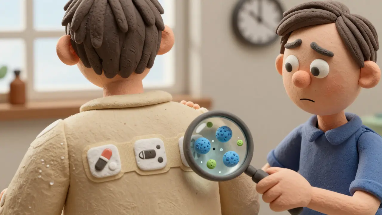 Three drug patches taped to a patient's back, waiting 48 hours for delayed reaction results.