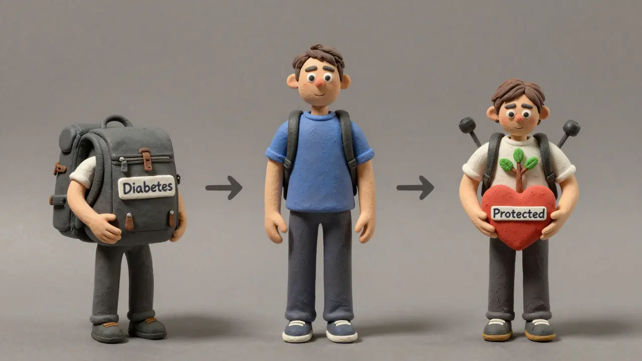 Timeline showing remission and partial weight regain, with a heart-shaped shield of protection.