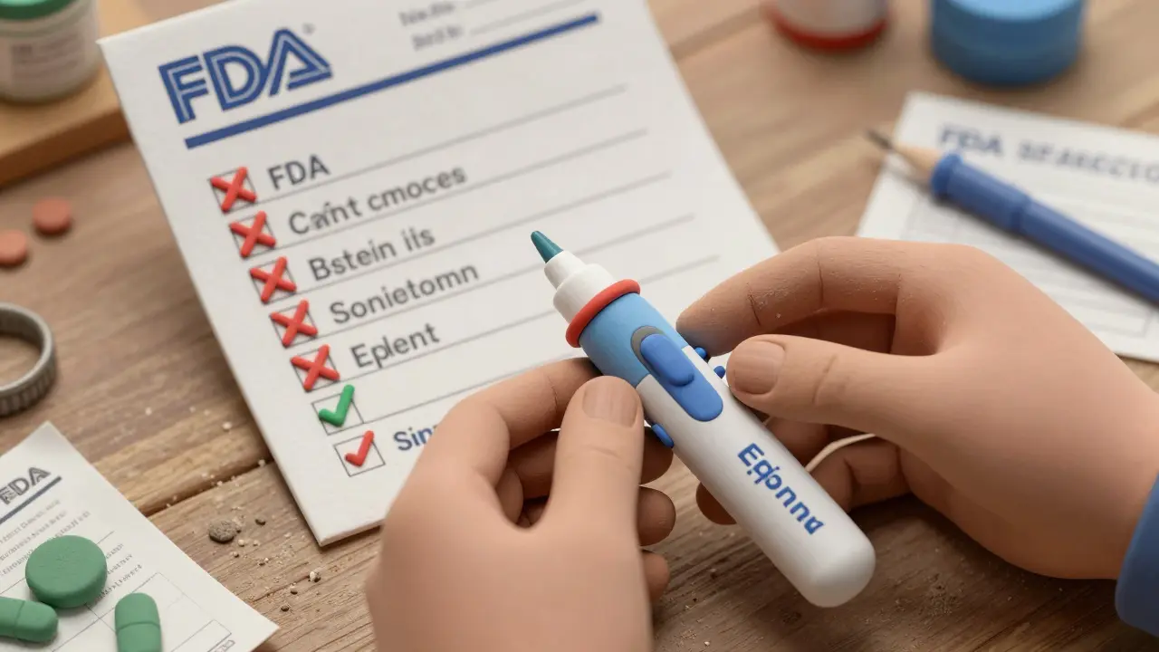 Tiny clay hands assembling an EpiPen-like injector under a giant FDA approval checklist.