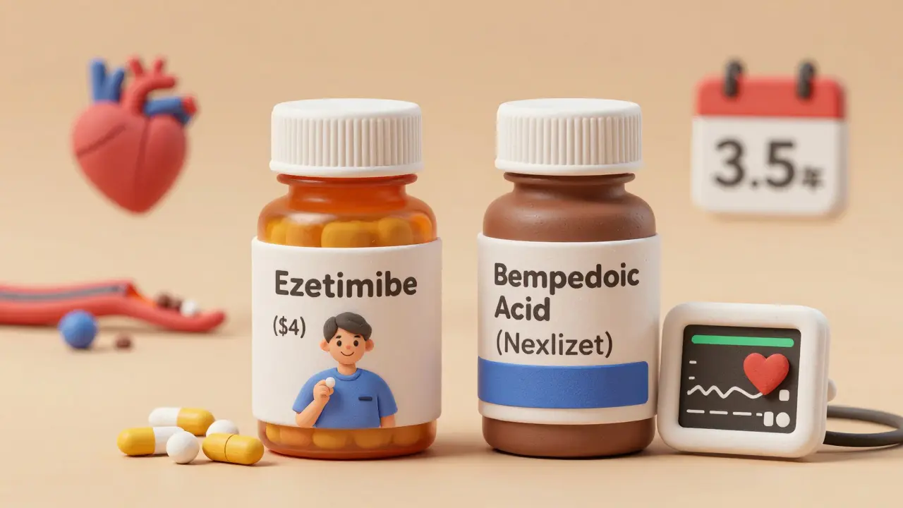 Two pill bottles beside a heart monitor, showing cost and effectiveness contrast.
