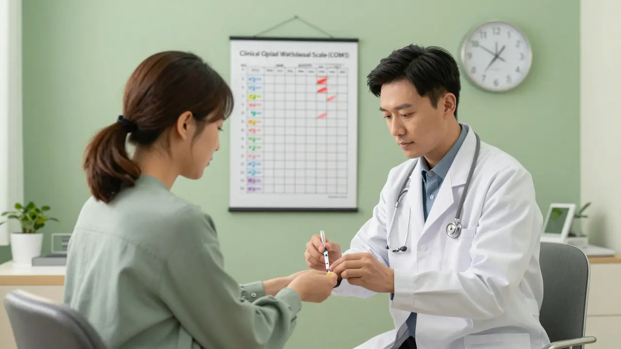 A doctor administering buprenorphine in a clinic, with a COWS scale visible, under calm lighting to show medical support.