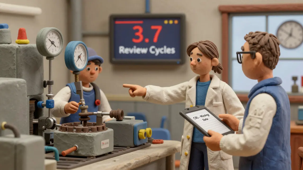 A generic drug factory with FDA inspectors noting manufacturing flaws and missing data on a tablet batch.