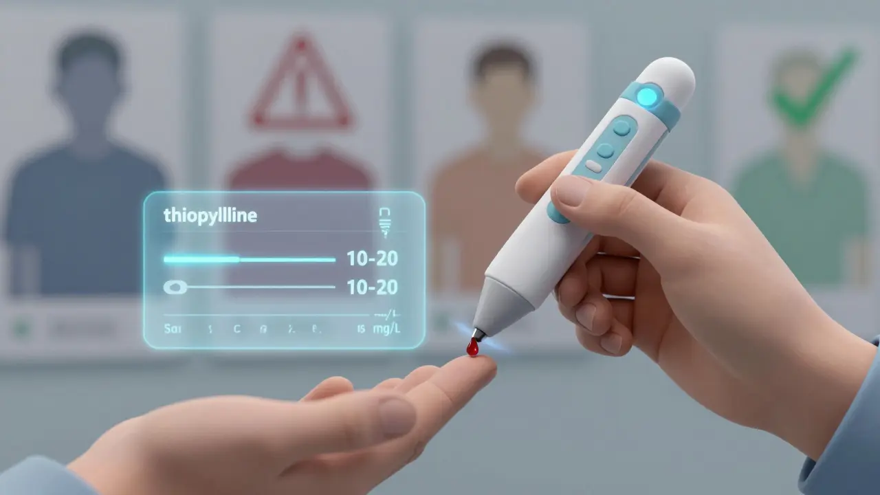 A handheld device analyzes a finger-prick blood sample, displaying safe theophylline levels with glowing visual feedback.