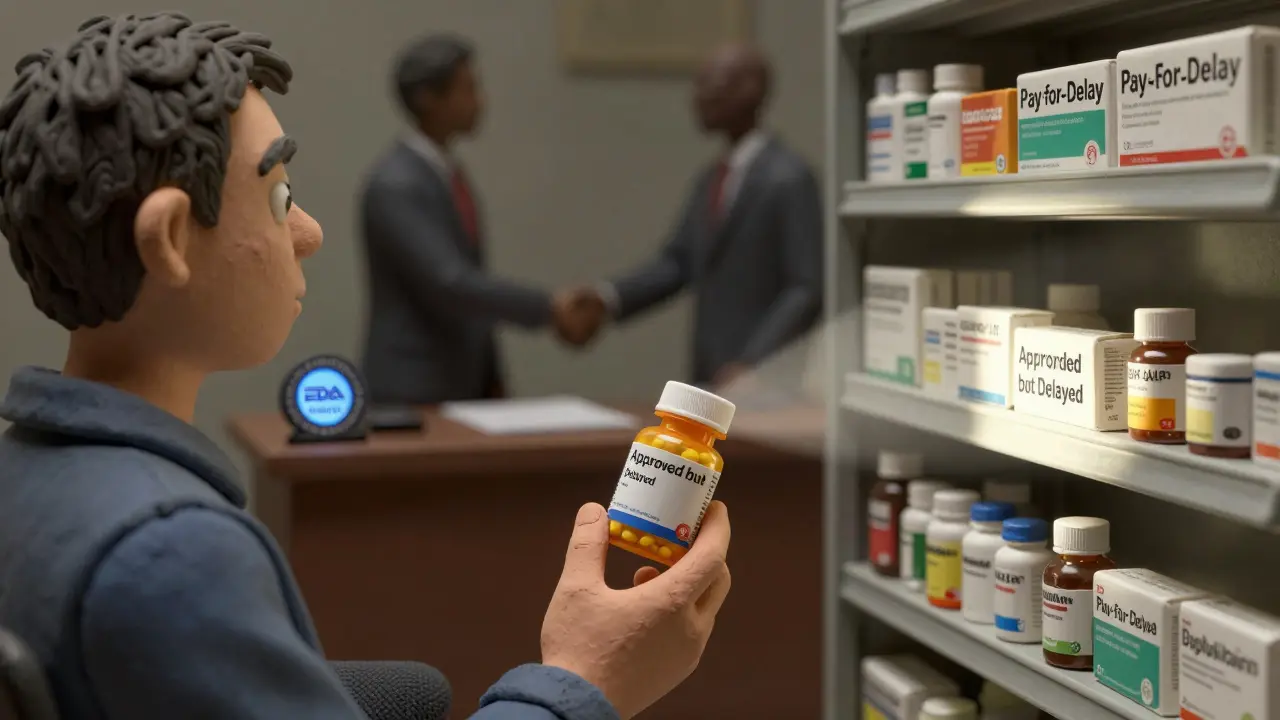 A patient gazing at affordable generics blocked by corporate deals and delayed approvals.