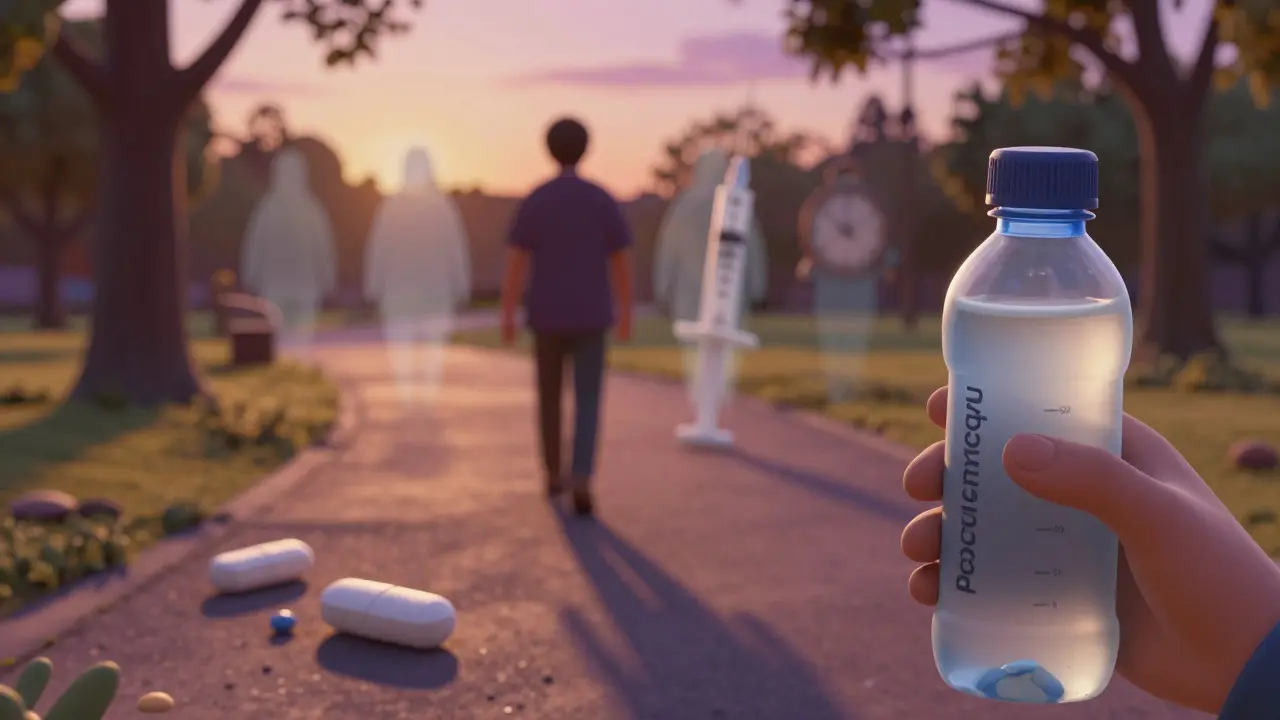 A person walking in a park at sunset, with fading craving ghosts behind them, holding water and supplements, symbolizing recovery.