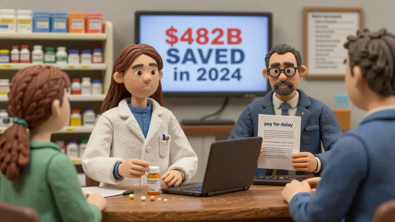 A pharmacist gives a patient a generic pill bottle while a screen shows 2B saved, contrasting happy patients with shadowy executives.
