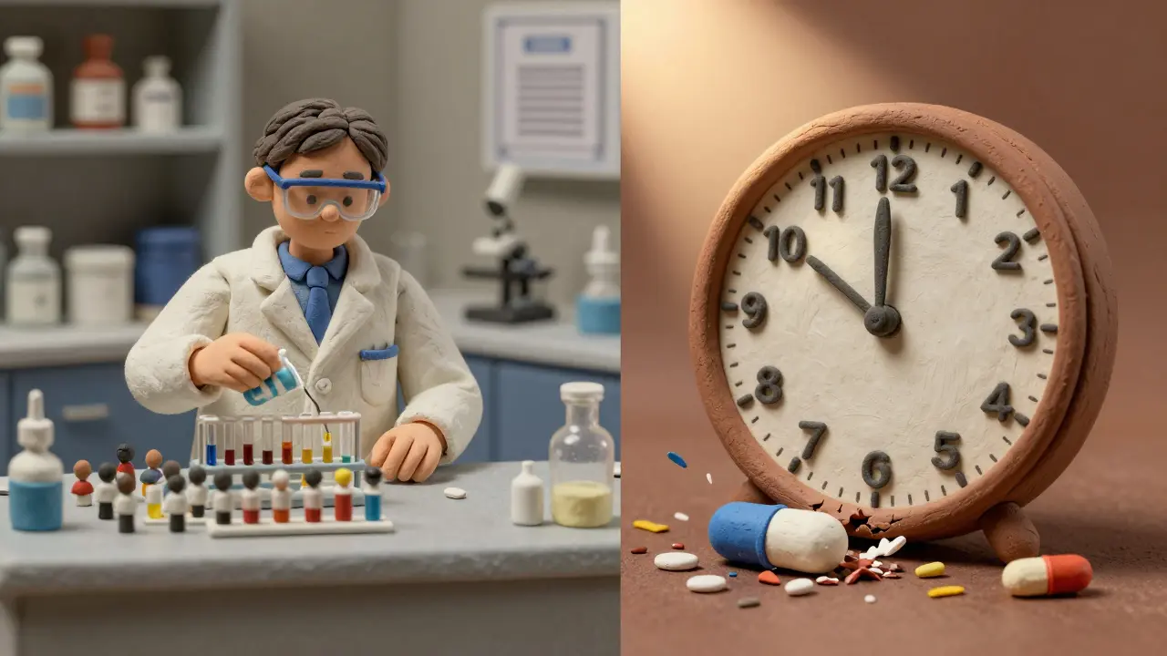 A scientist tests bioequivalence while a 30-month clock counts down to early market entry for a generic drug.