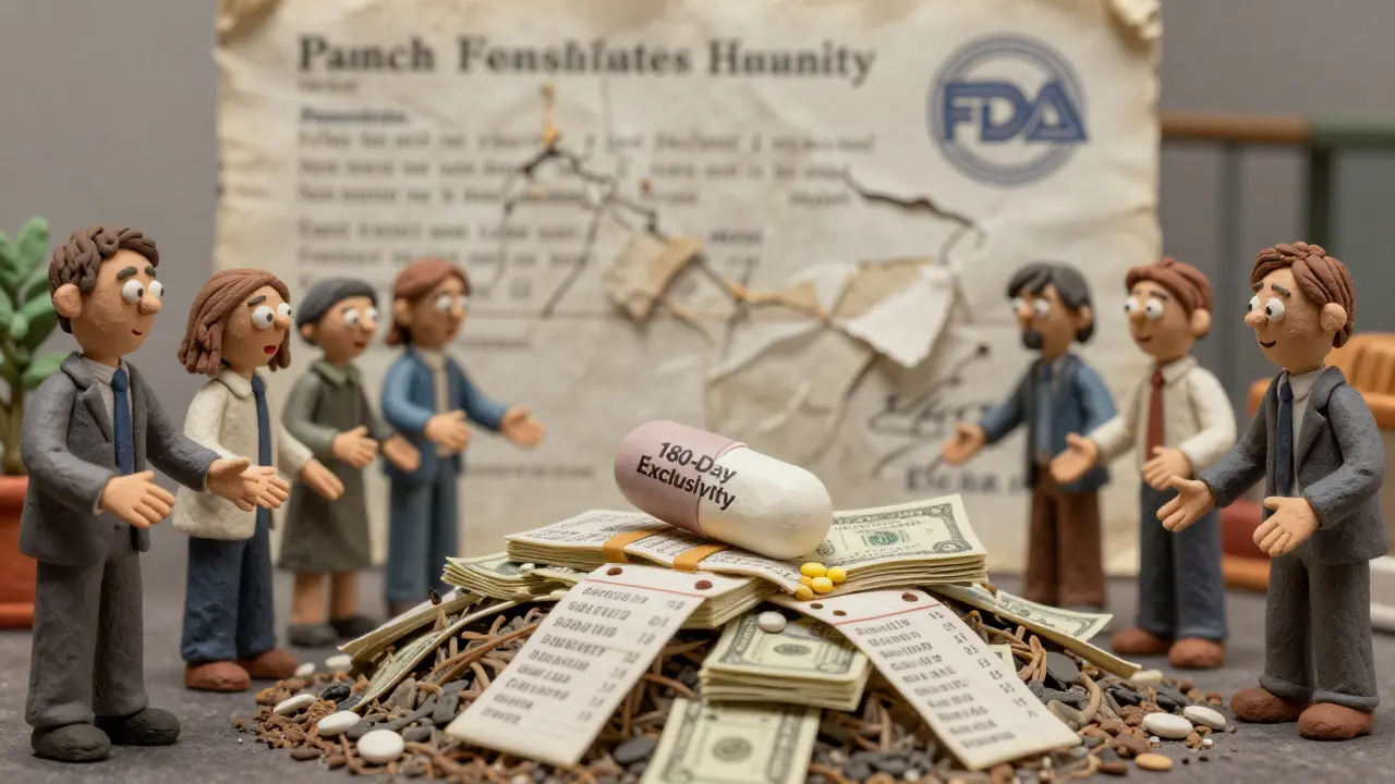 A single generic pill rolls down a hill of money, breaking brand price tags, as smaller companies watch hopefully.