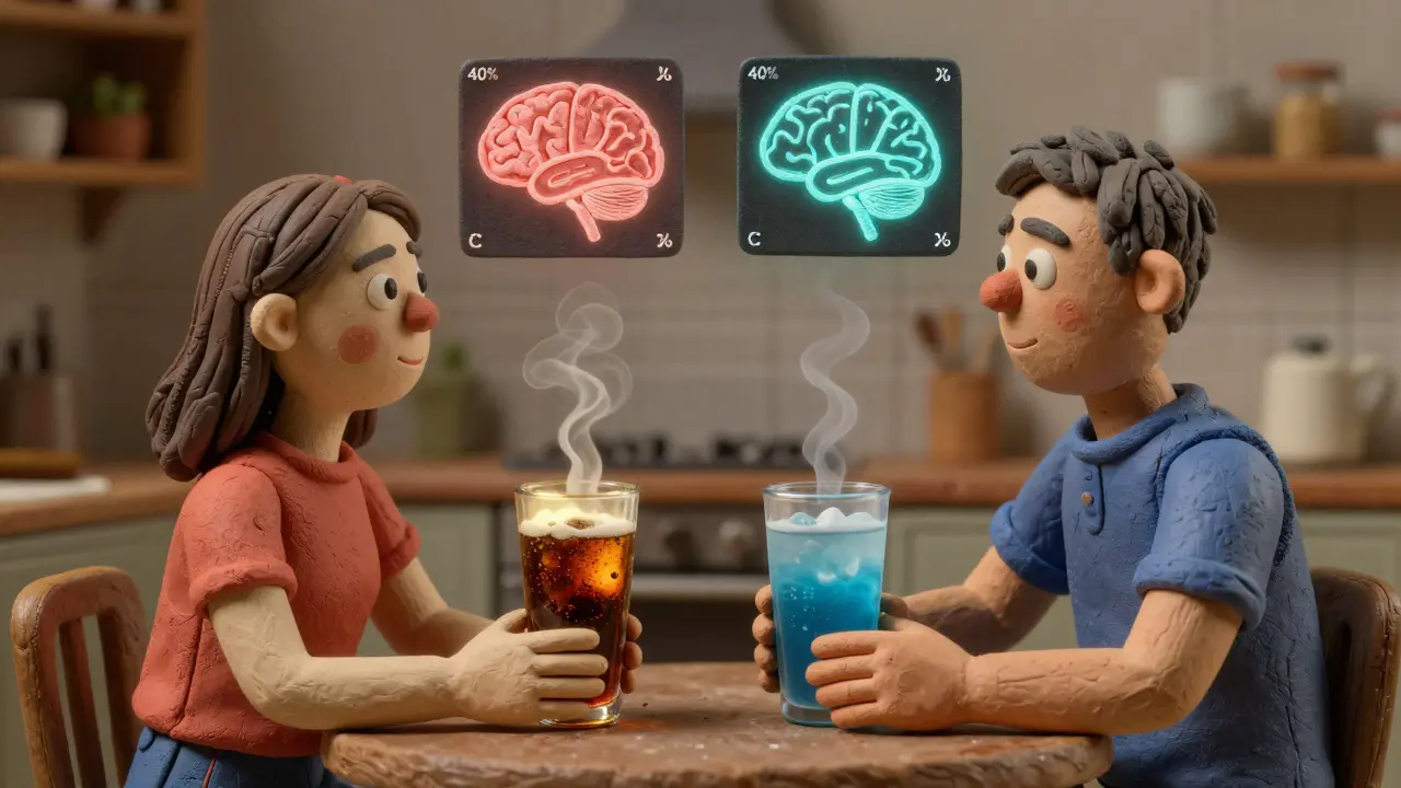A woman and man drinking different sodas, with brain scans showing heightened hunger activity in the woman’s brain, clay rendering style.