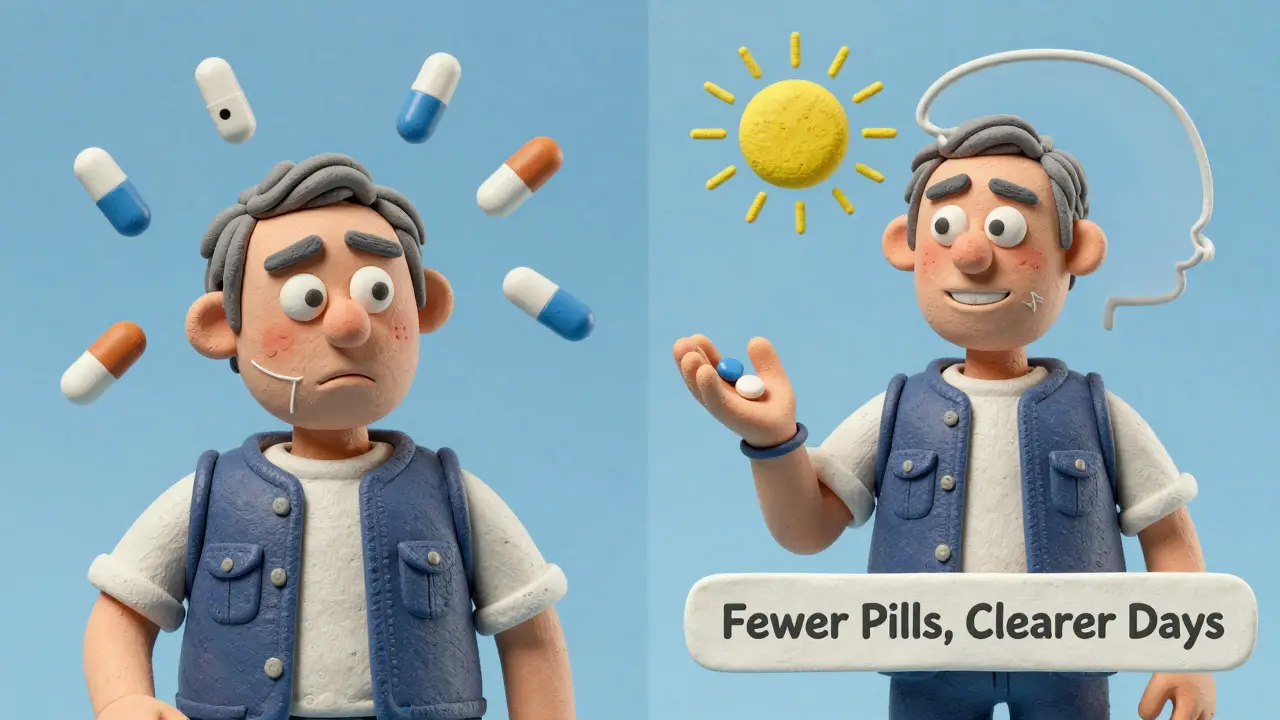Before and after scene: confused man surrounded by pills vs. calm man with few pills and bright sunlight.