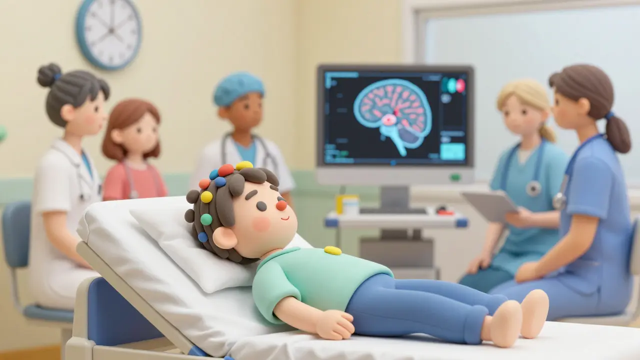 Child with EEG electrodes being evaluated in a hospital, with a 3D brain scan displayed nearby.
