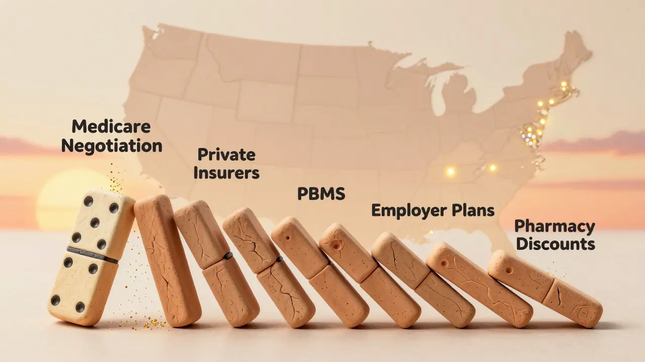 Clay domino effect showing Medicare price cuts lowering costs across the U.S. healthcare system.