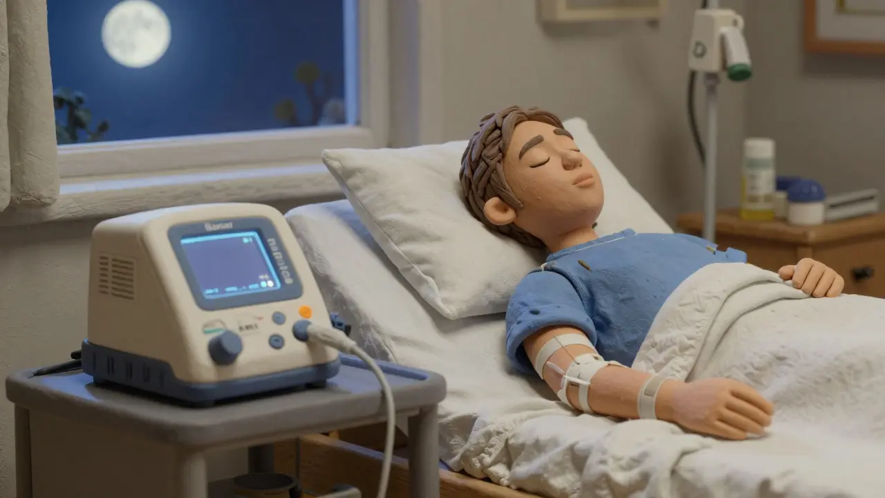 Clay style sleeping person with automated dialysis cycler at bedside.