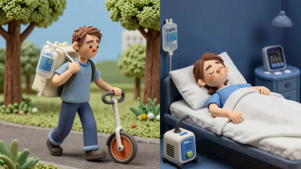 Clay style split scene: CAPD backpack traveler and APD user sleeping.