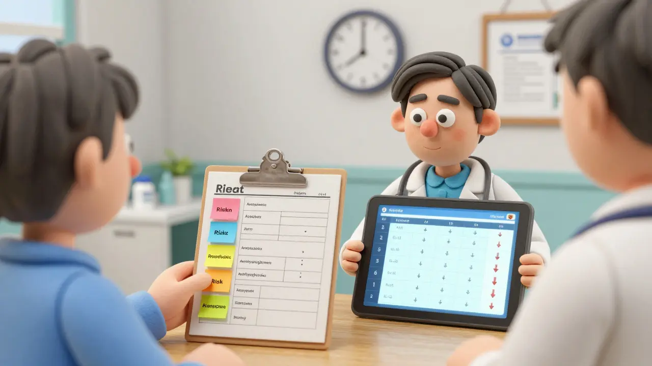 Doctor and pharmacist reviewing a medication chart with colorful notes and a digital tapering schedule in a clinic.