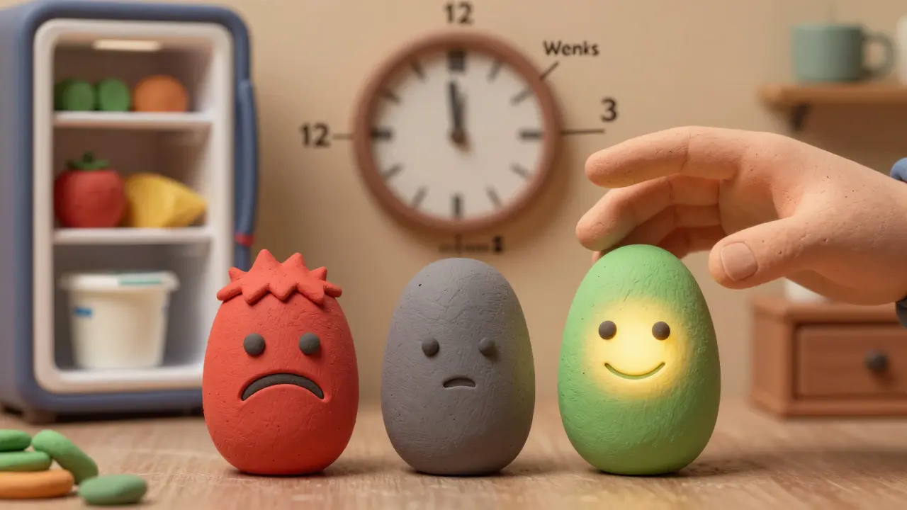 Three sweetener products shown as clay figures, with stevia glowing positively while sucralose looks negative, in textured clay style.