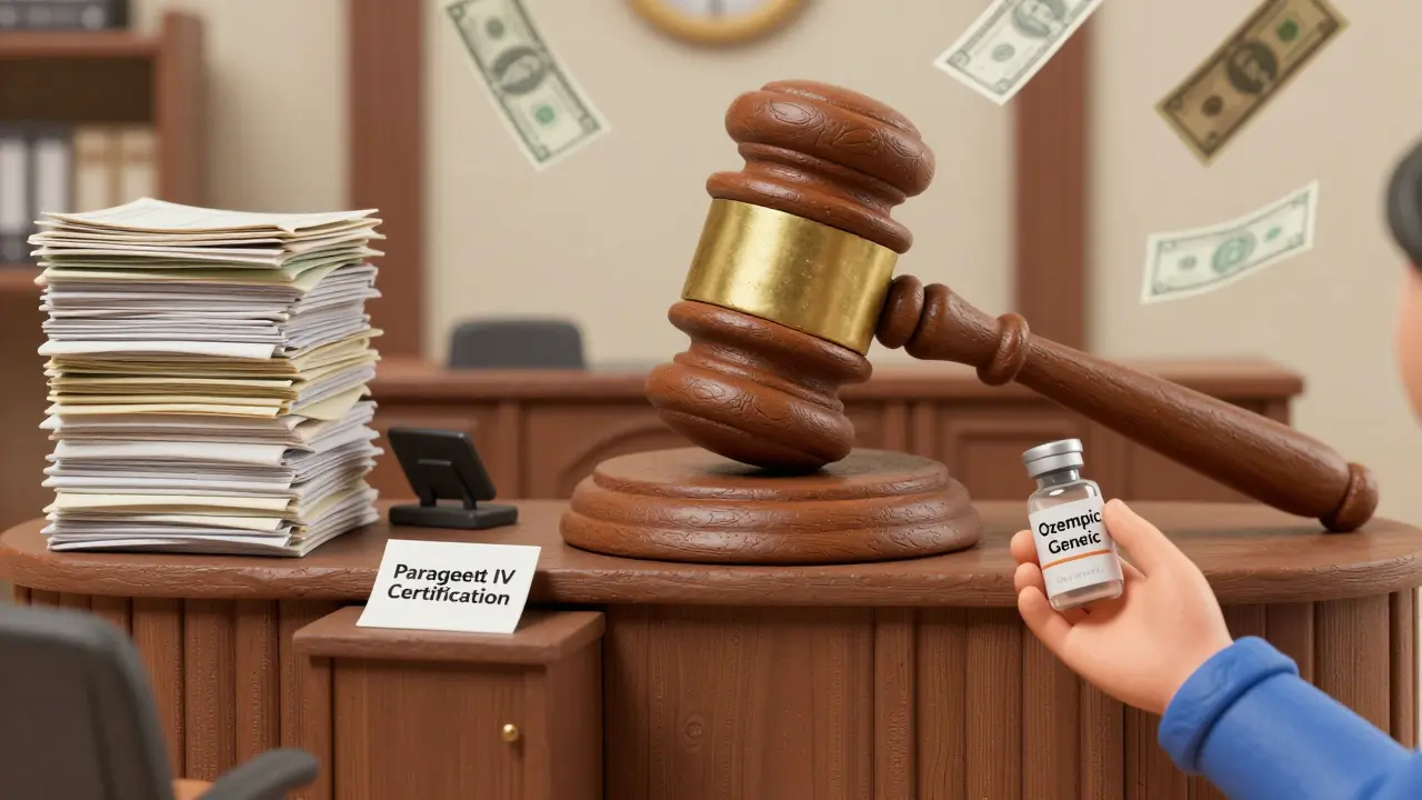 A courtroom dominated by a pill-shaped gavel, with a mountain of patents overshadowing a lone generic drug applicant.