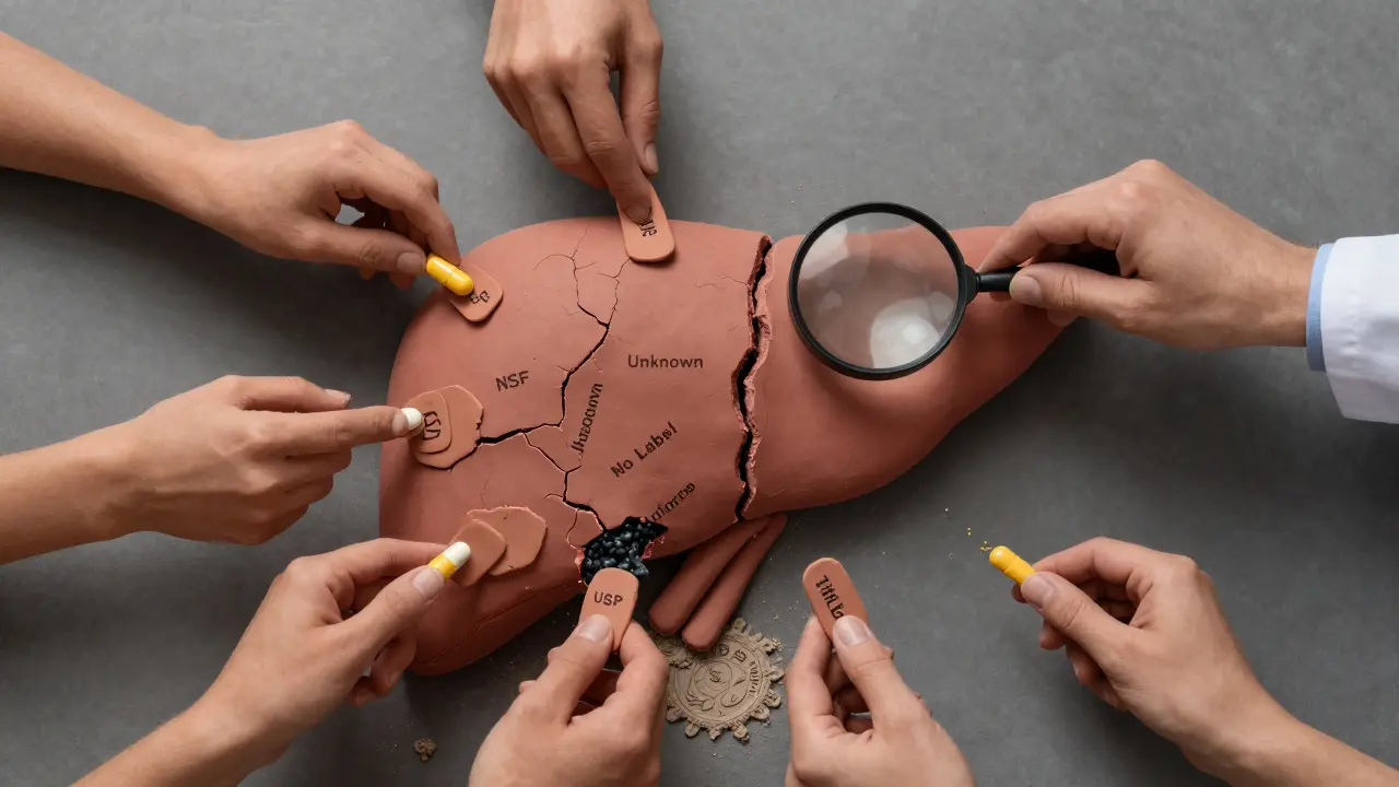 A cracked clay liver being patched by hands holding different supplement labels, one failing.
