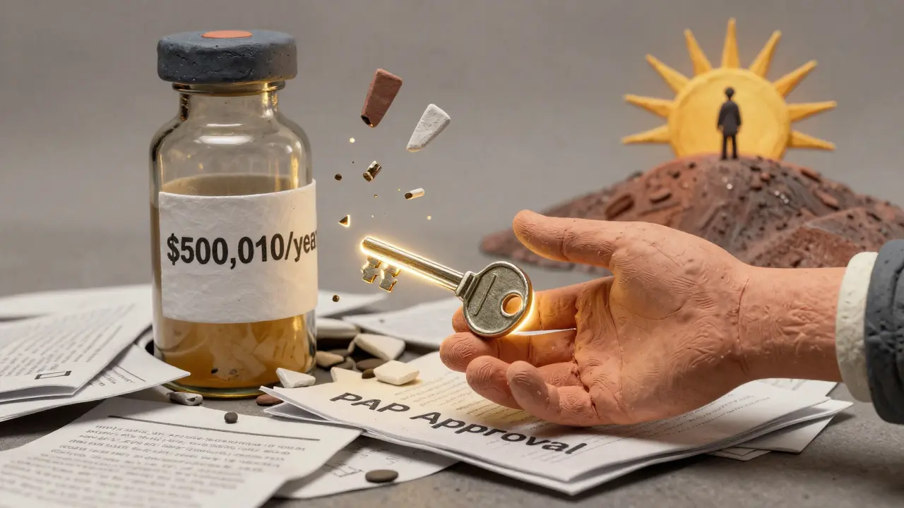 A hand grabs a key labeled 'PAP Approval' as a 0,000 drug vial breaks apart behind them.