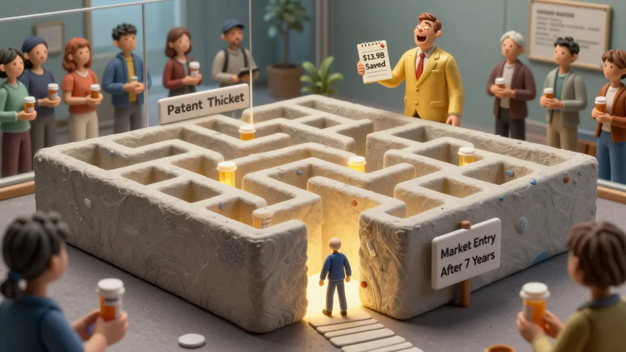 A maze of patents trapping a generic drug maker, while patients watch helplessly from behind glass.