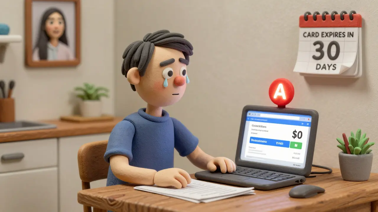 A patient stares at a computer screen showing <h2>Who Gets Left Out?</h2> progress toward a high deductible, with an expiring card visible.