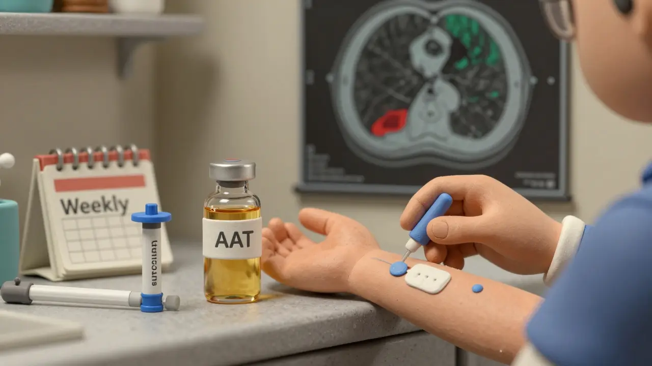 A person receiving AAT augmentation therapy with a subcutaneous injector nearby and lung CT scan visible.