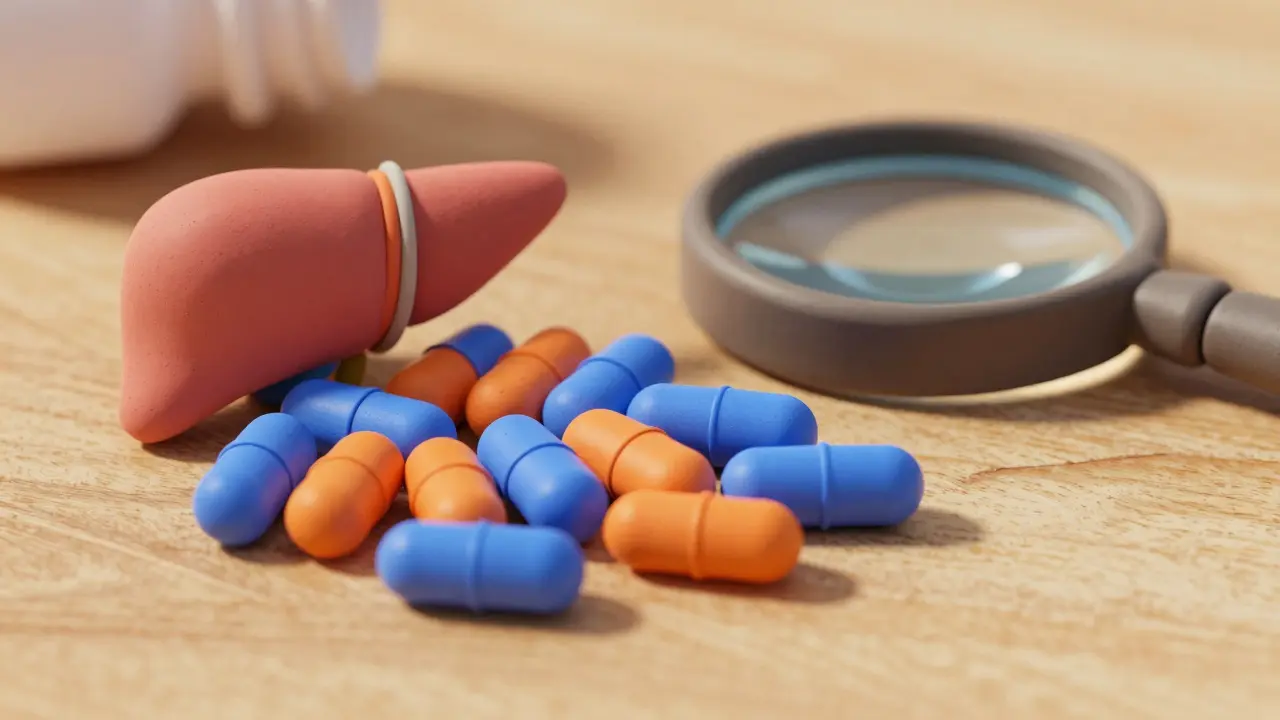Clay capsules and liver model on a table with a magnifying glass.