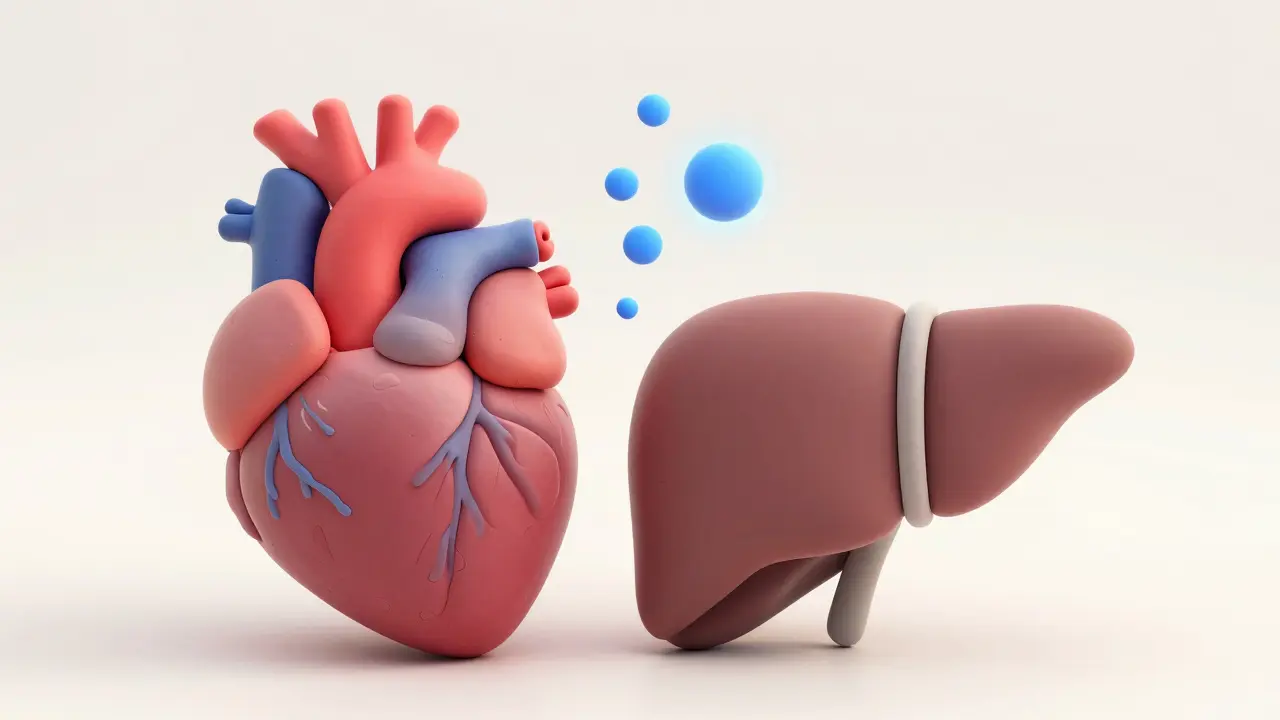 Clay model of heart and liver with glowing particles showing health benefits.