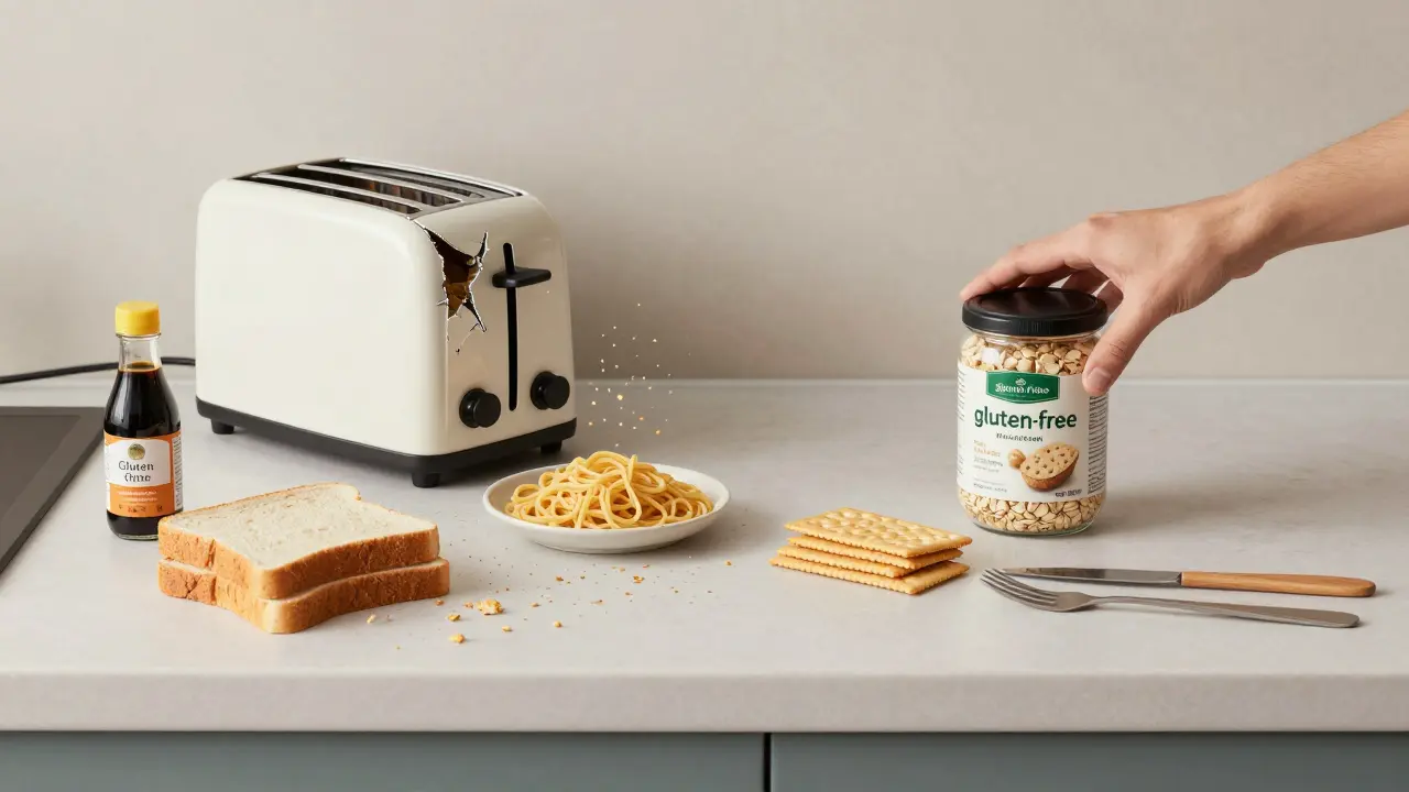 Clay-style kitchen scene showing gluten and gluten-free foods side by side with cross-contamination risks.