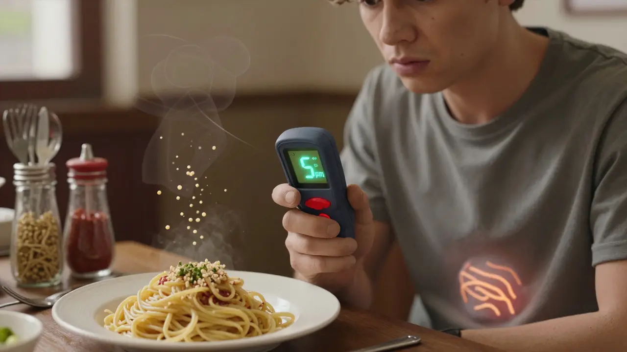 Clay-style person using a handheld device to detect gluten in food, with healing gut visible beneath.