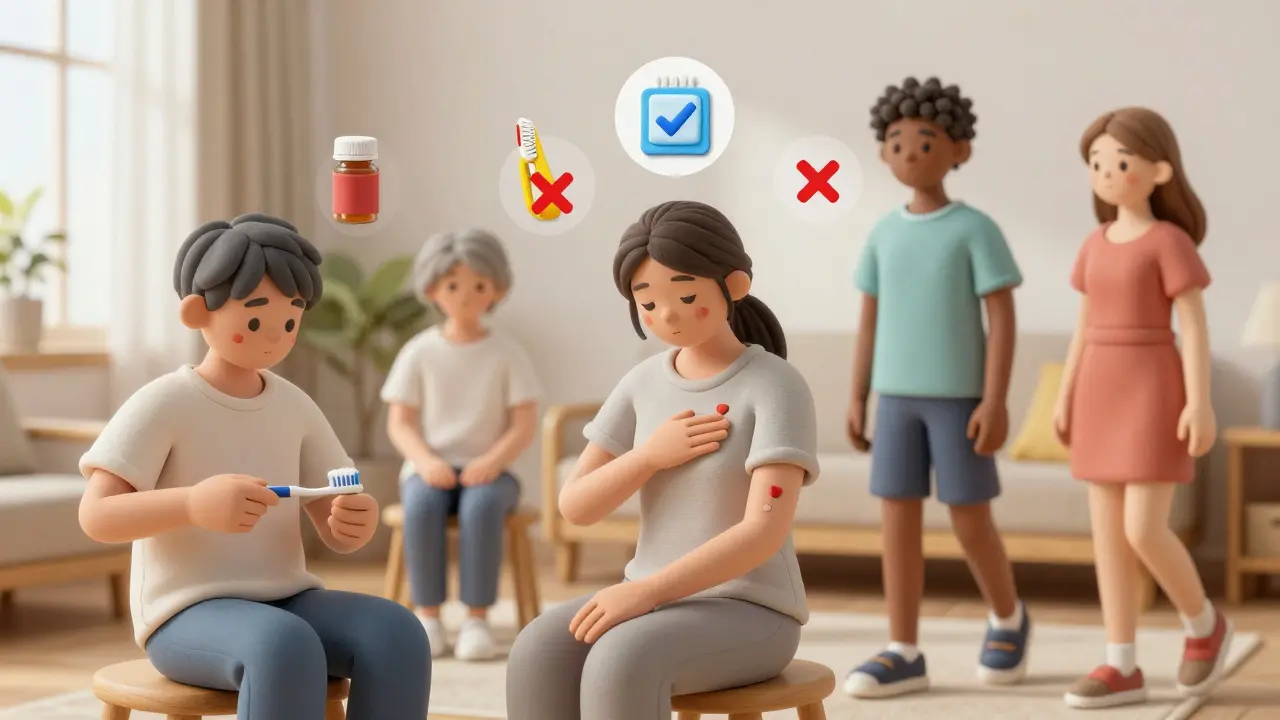 Diverse individuals practicing safe habits at home while managing blood thinner risks.