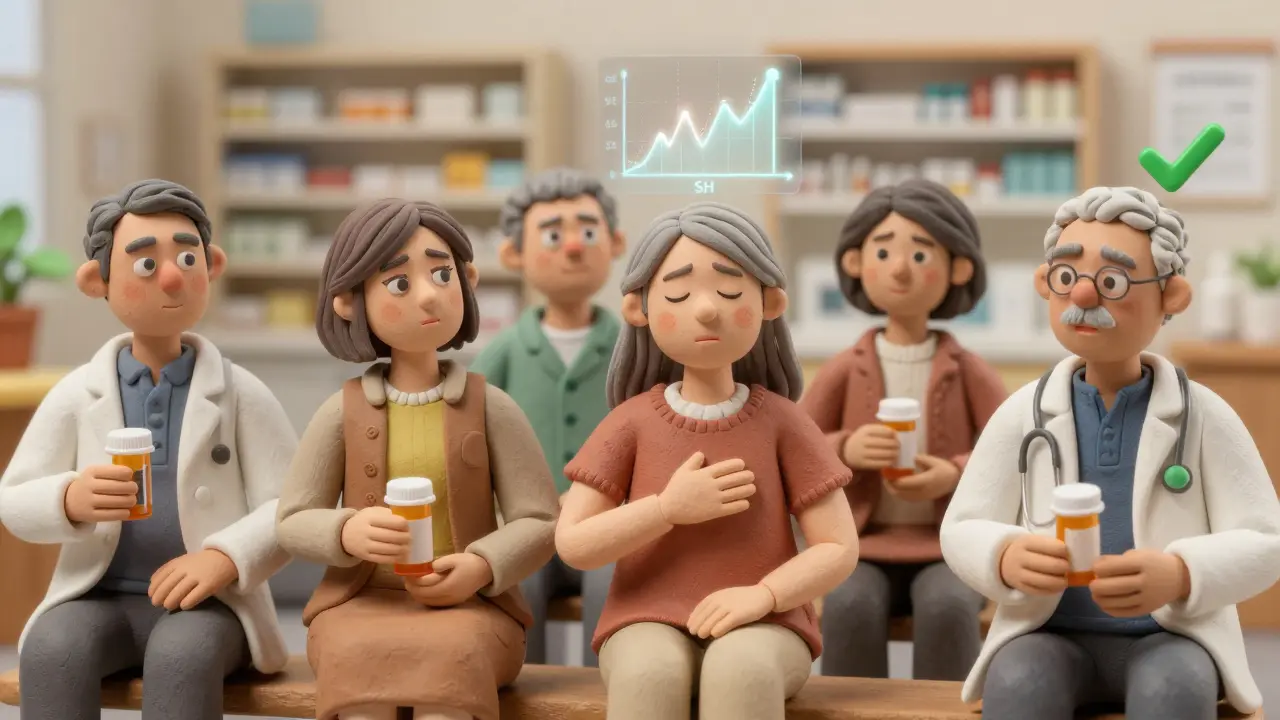 Elderly patients in a clinic, some feeling better on generics, others showing signs of side effects.