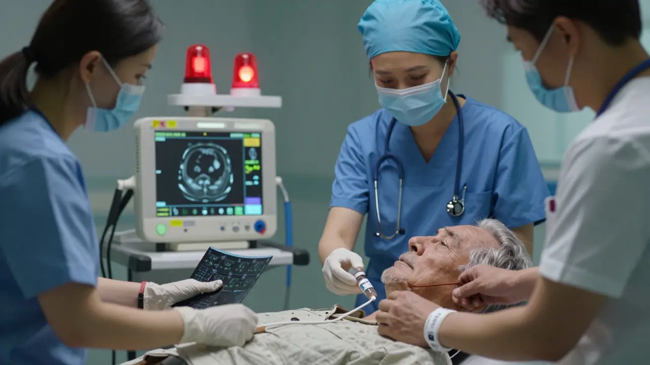 Emergency medical team administering a reversal agent to a patient with a blood thinner alert bracelet.