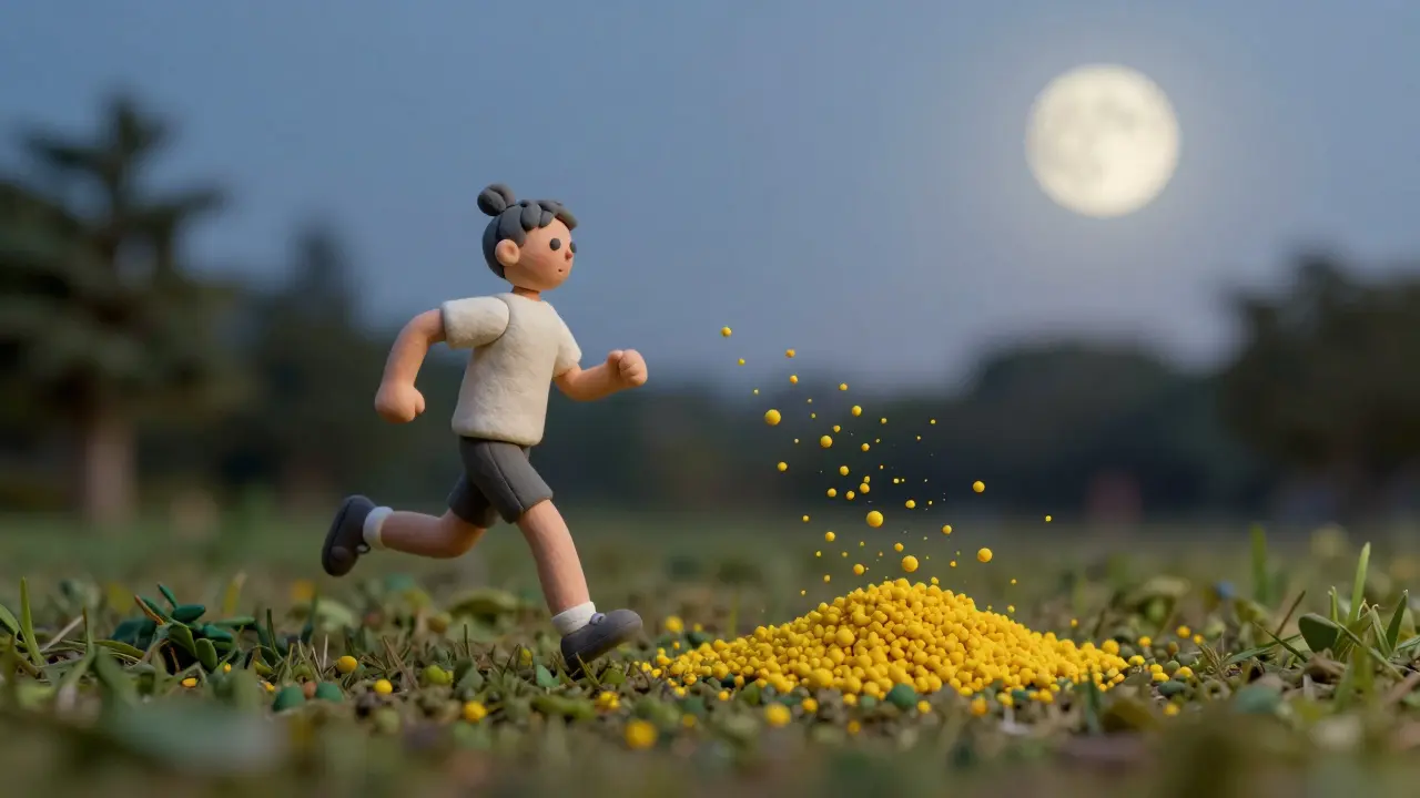 Person jogging in a park at dusk while pollen grains settle on the ground.