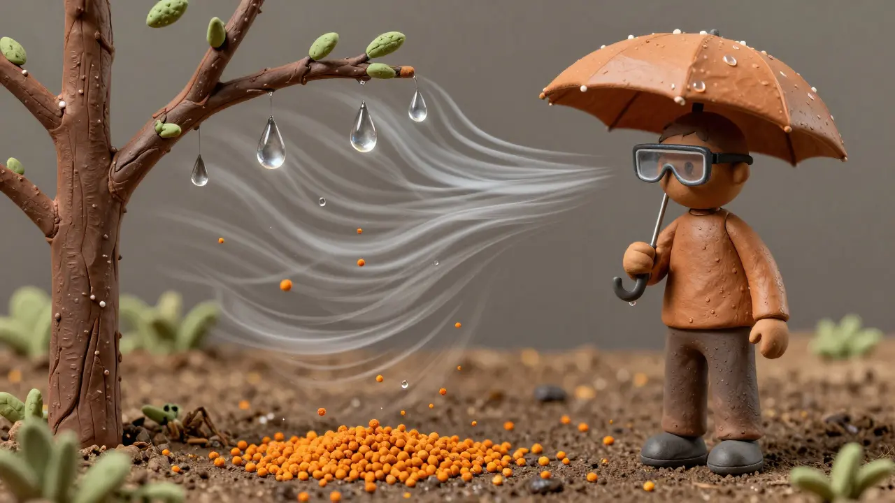 Raindrops washing pollen off tree branches near a prepared outdoor figure.