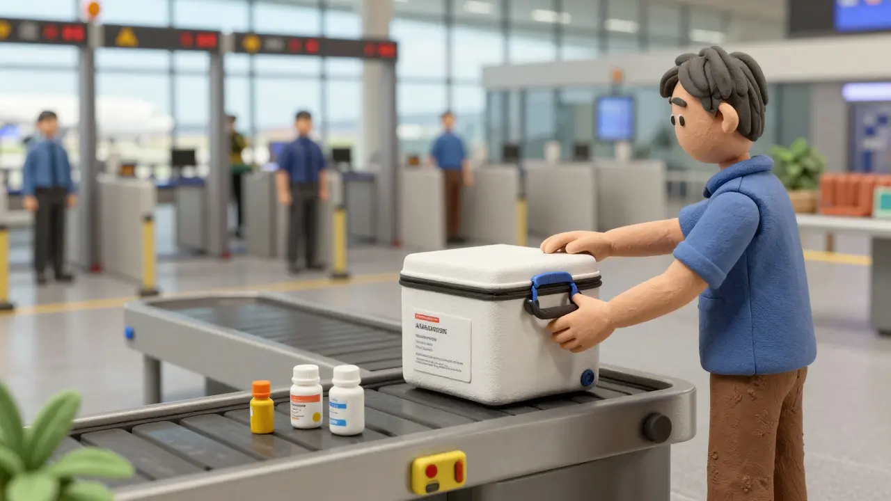 Stylized clay figure at airport security handling a medicine cooler bag.