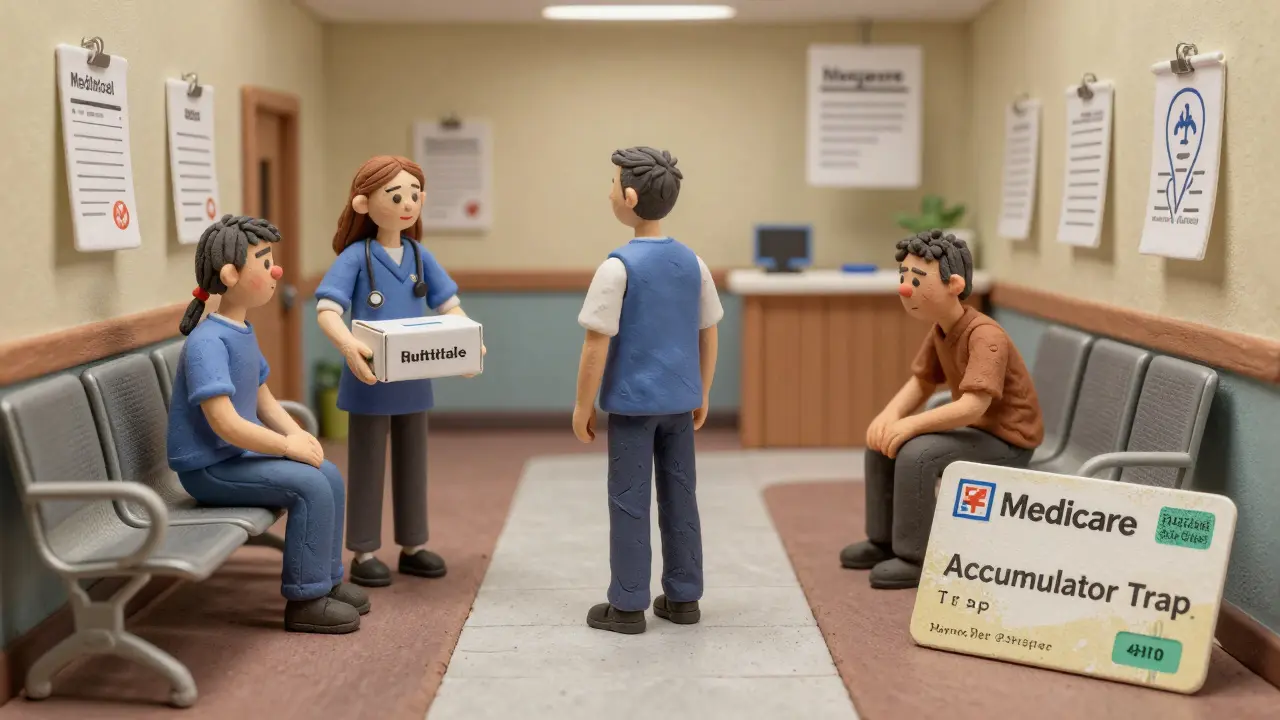 Three paths show PAP assistance, accumulator trap, and Medicare challenges in a surreal clinic setting.