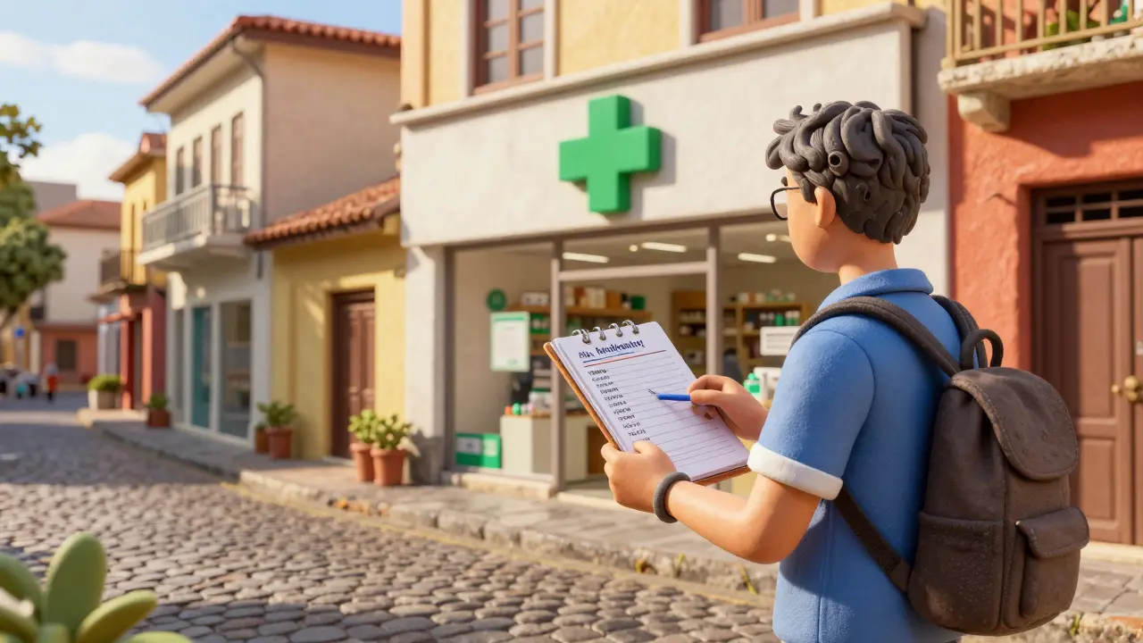 Traveler standing outside a shop marked with a green pharmacy cross sign.