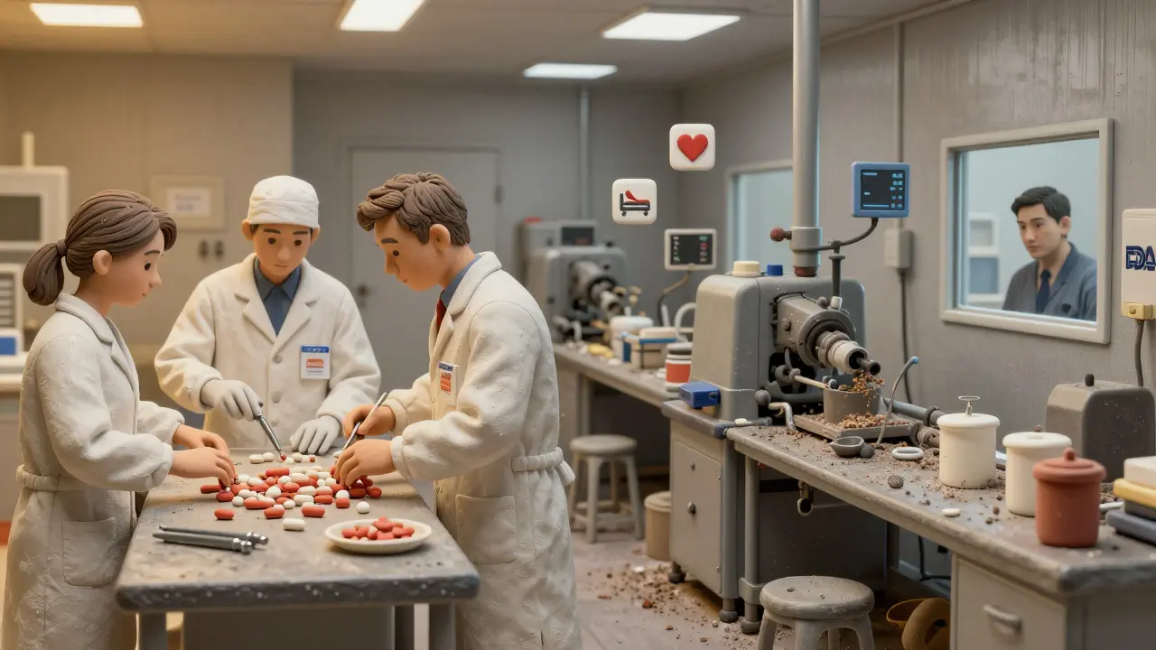 Two drug manufacturing lines: one in a clean U.S. facility, the other in a chaotic overseas factory.