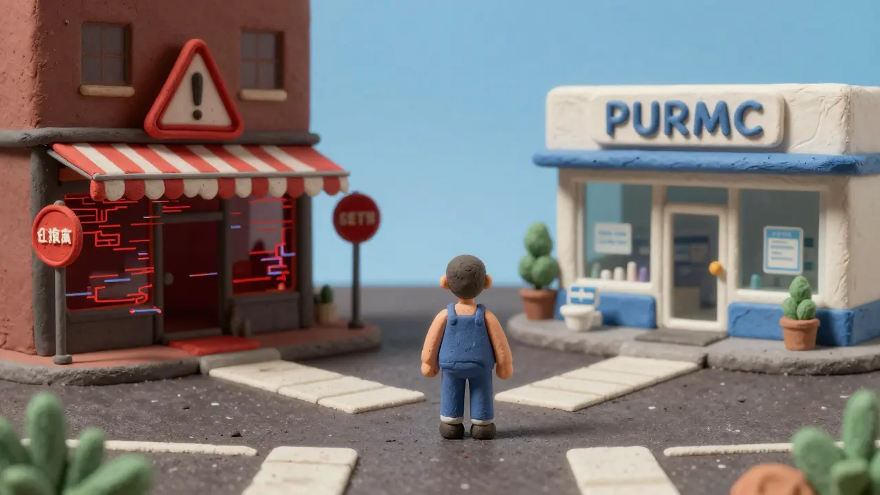 Clay art showing a choice between a sketchy online store and a legitimate pharmacy