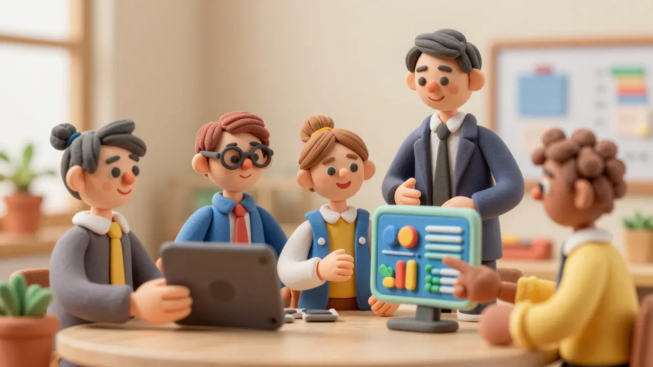 Clay characters in an office using a tablet and talking to a manager about wellness benefits.