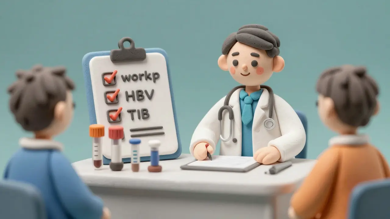 Clay doctor and patient with medical tests and a checklist for infection screening.