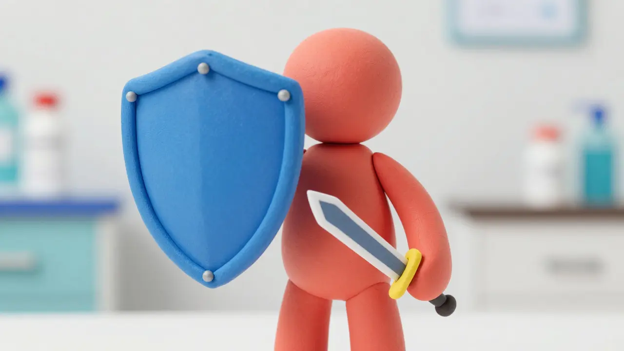 Clay figure holding a protective blue shield and lowering a sword.
